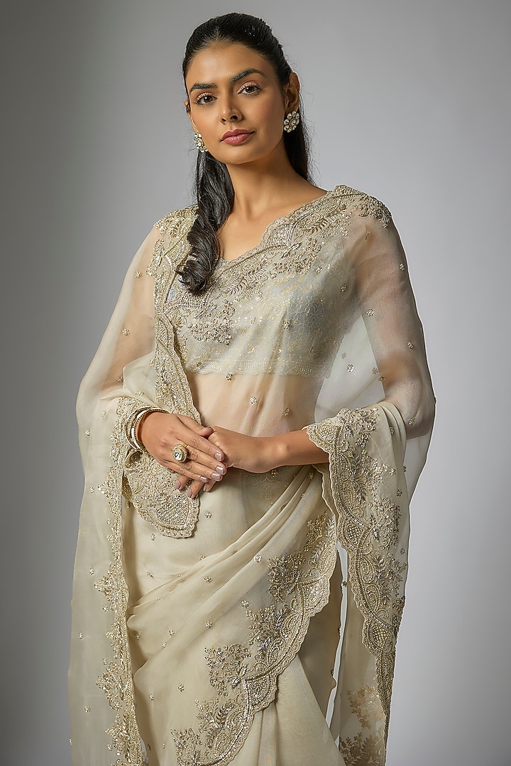 Ivory Organza Hand Embroidered Bridal Saree Set by Anushree Reddy at Pernia's Pop Up Shop