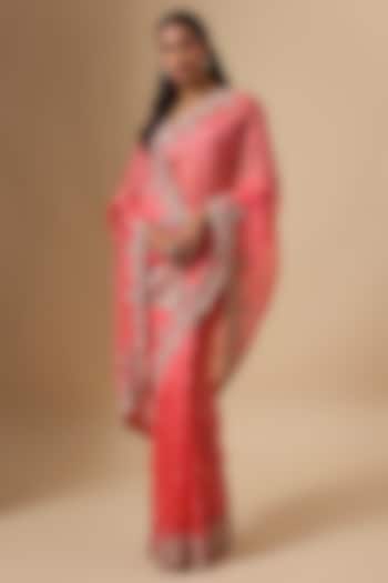 Coral Organza Hand Embroidered Bridal Saree Set by Anushree Reddy at Pernia's Pop Up Shop