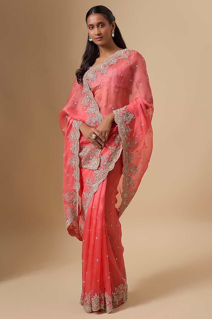 Coral Organza Hand Embroidered Bridal Saree Set by Anushree Reddy at Pernia's Pop Up Shop