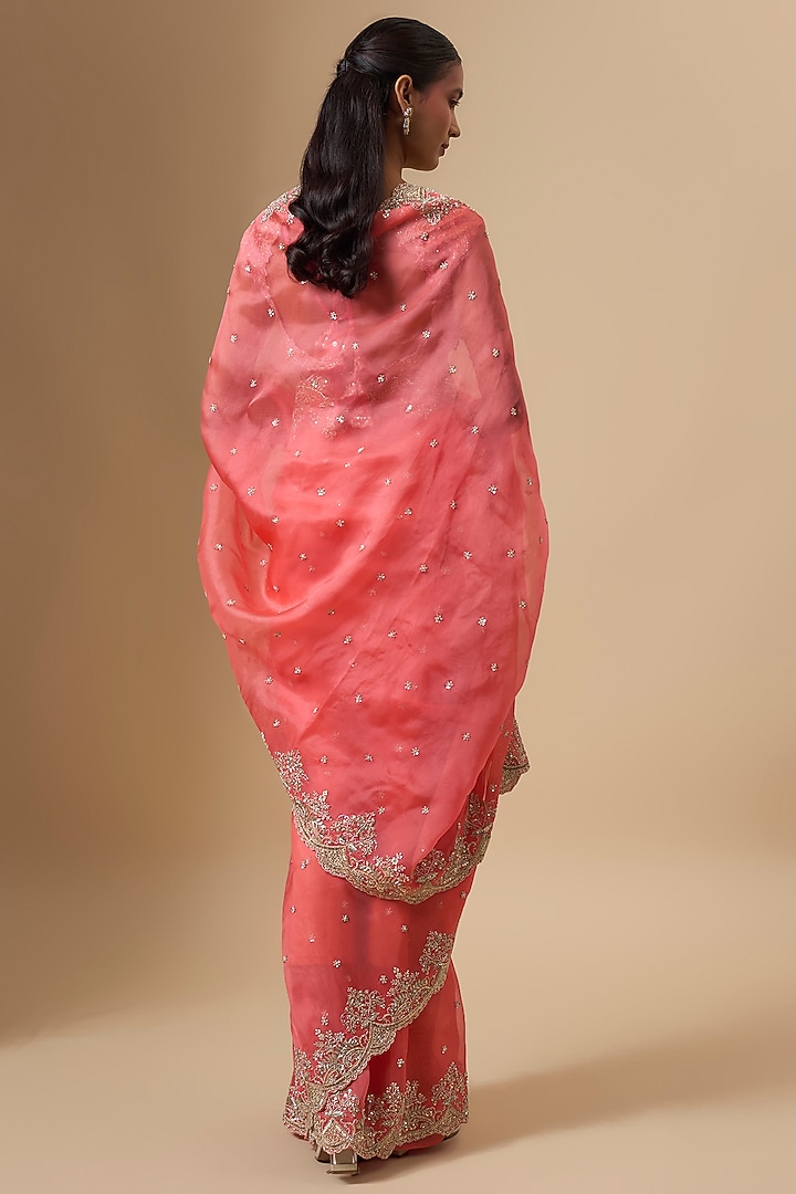Coral Organza Hand Embroidered Bridal Saree Set by Anushree Reddy at Pernia's Pop Up Shop
