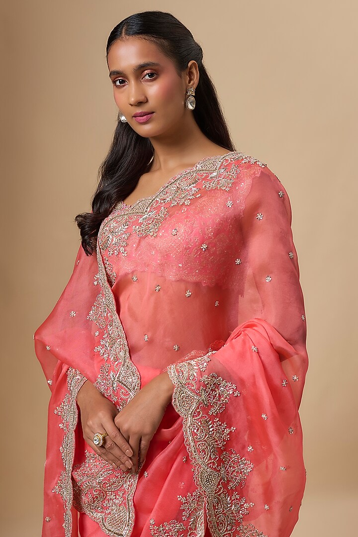 Coral Organza Hand Embroidered Bridal Saree Set by Anushree Reddy at Pernia's Pop Up Shop