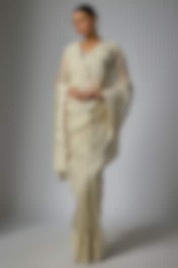 Ivory Organza Hand Embroidered Bridal Saree Set by Anushree Reddy at Pernia's Pop Up Shop