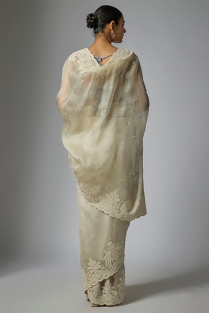 Ivory Organza Hand Embroidered Bridal Saree Set by Anushree Reddy at Pernia's Pop Up Shop