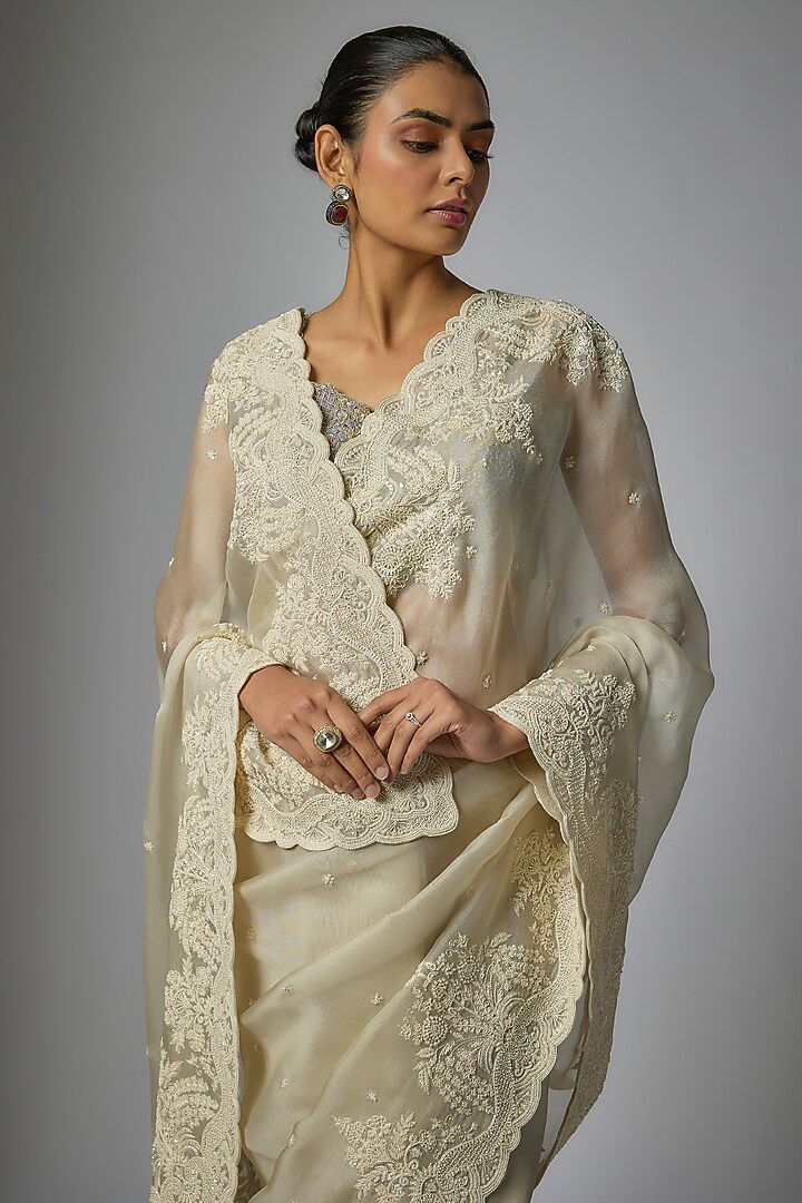 Ivory Organza Hand Embroidered Bridal Saree Set by Anushree Reddy at Pernia's Pop Up Shop