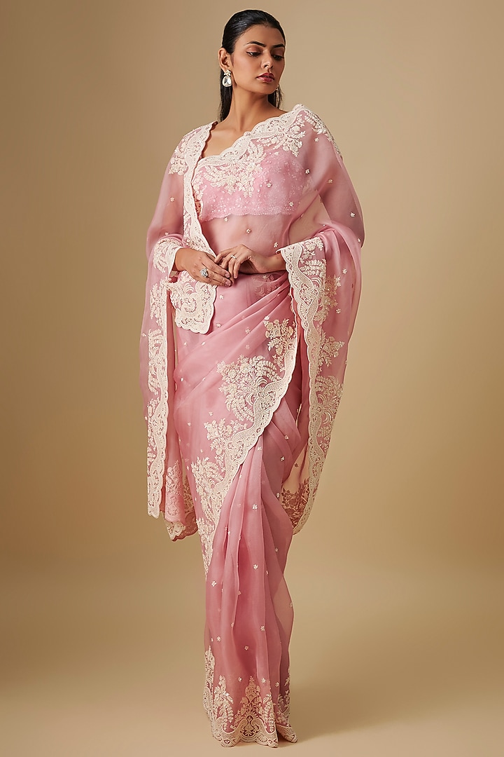 Blush Pink Organza Hand Embroidered Bridal Saree Set by Anushree Reddy at Pernia's Pop Up Shop