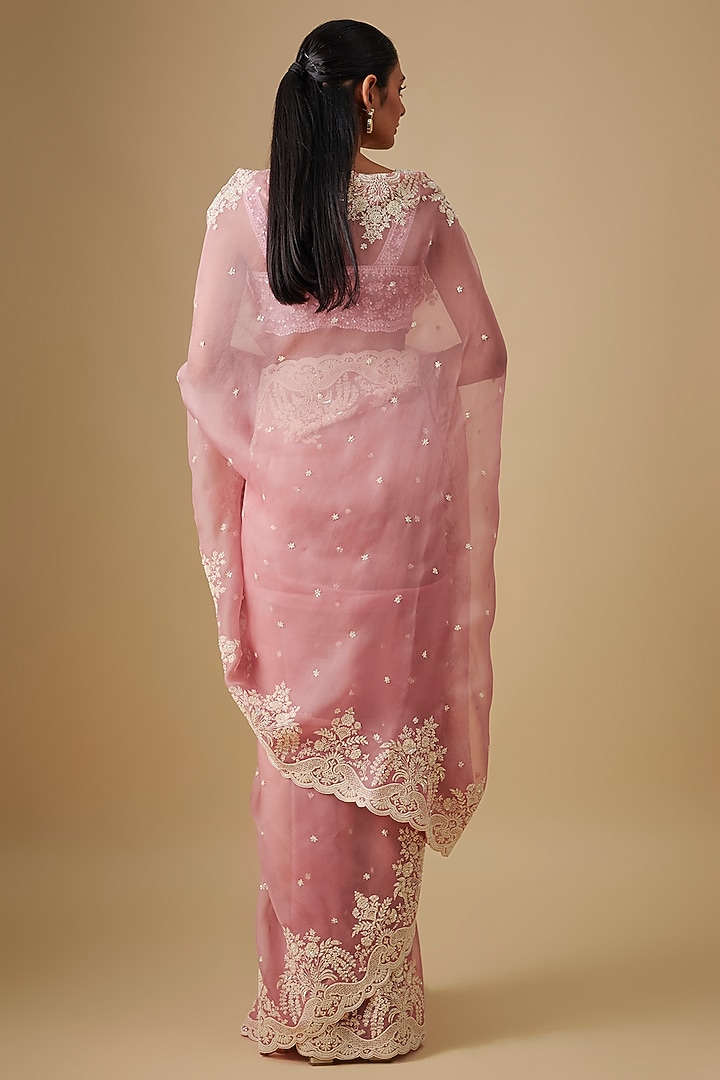 Blush Pink Organza Hand Embroidered Bridal Saree Set by Anushree Reddy at Pernia's Pop Up Shop