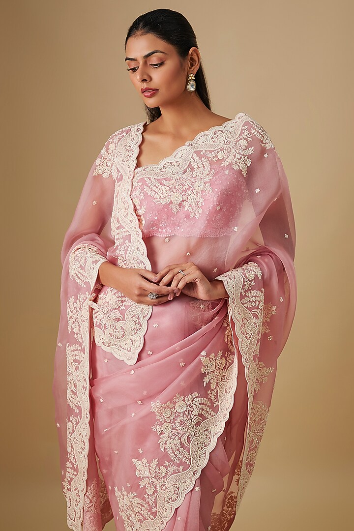 Blush Pink Organza Hand Embroidered Bridal Saree Set by Anushree Reddy at Pernia's Pop Up Shop