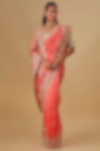 Coral Organza Hand Embroidered Bridal Saree Set by Anushree Reddy at Pernia's Pop Up Shop