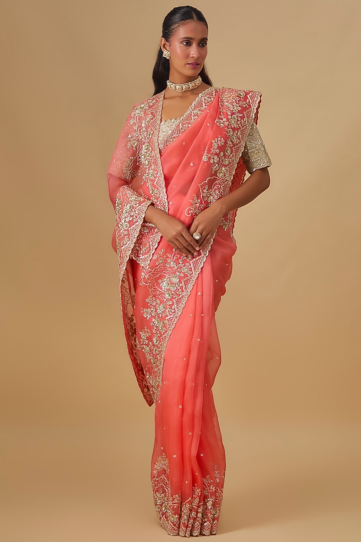 Coral Organza Hand Embroidered Bridal Saree Set by Anushree Reddy at Pernia's Pop Up Shop