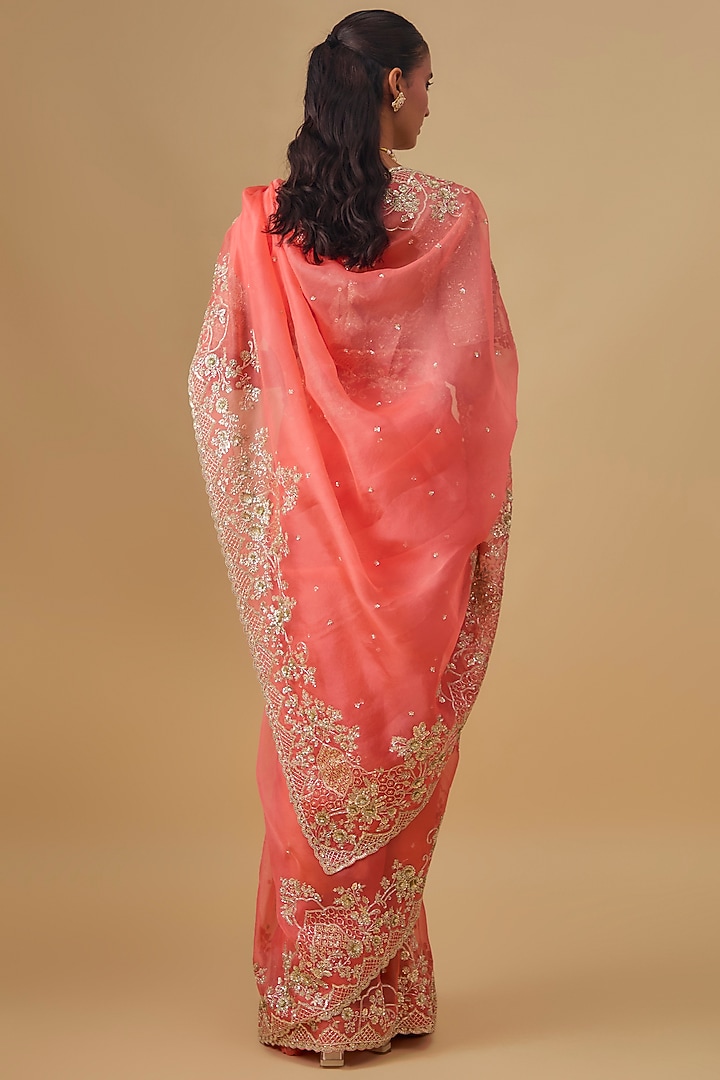 Coral Organza Hand Embroidered Bridal Saree Set by Anushree Reddy at Pernia's Pop Up Shop