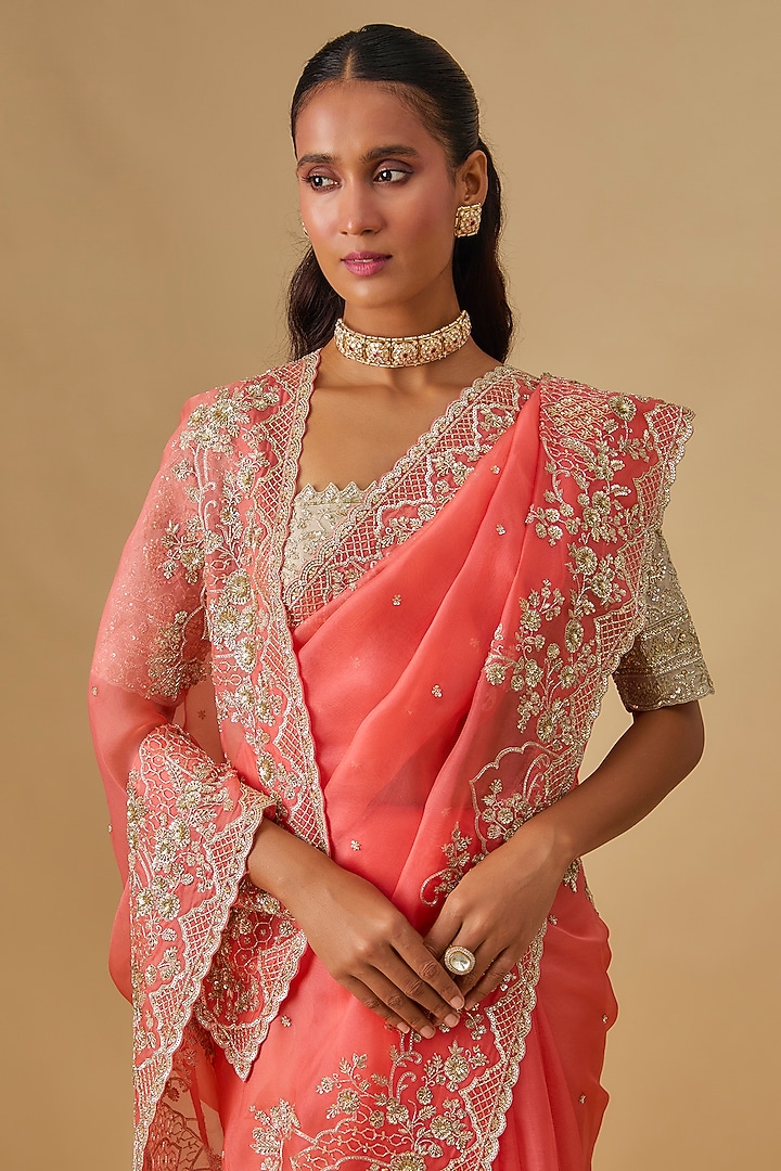 Coral Organza Hand Embroidered Bridal Saree Set by Anushree Reddy at Pernia's Pop Up Shop