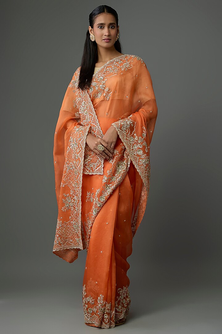 Orange Organza Hand Embroidered Bridal Saree Set by Anushree Reddy at Pernia's Pop Up Shop