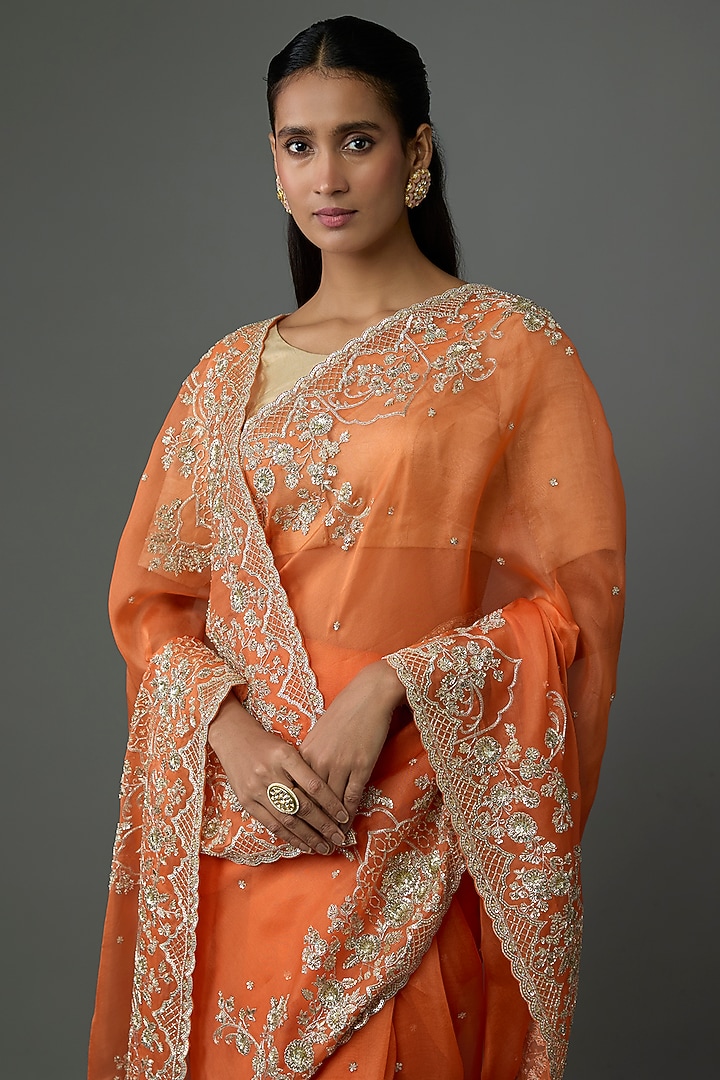 Orange Organza Hand Embroidered Bridal Saree Set by Anushree Reddy at Pernia's Pop Up Shop