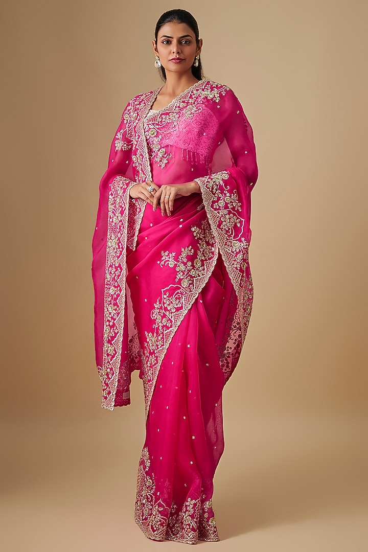 Cherry Red Organza Hand Embroidered Bridal Saree Set by Anushree Reddy at Pernia's Pop Up Shop