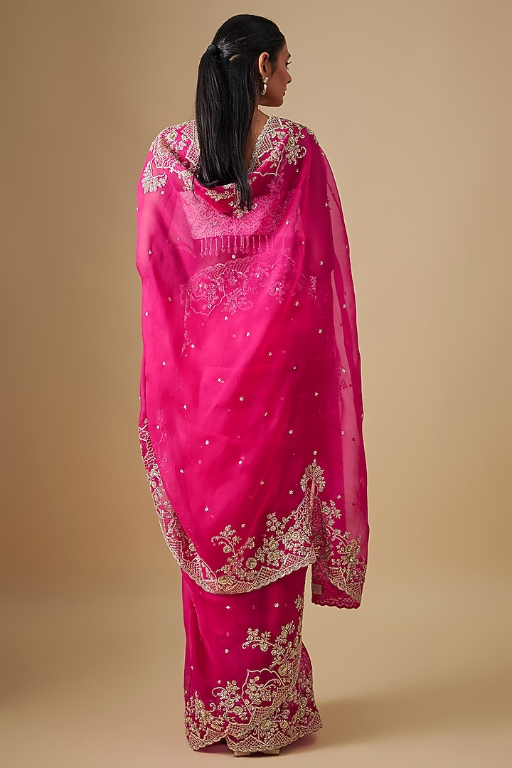 Cherry Red Organza Hand Embroidered Bridal Saree Set by Anushree Reddy at Pernia's Pop Up Shop