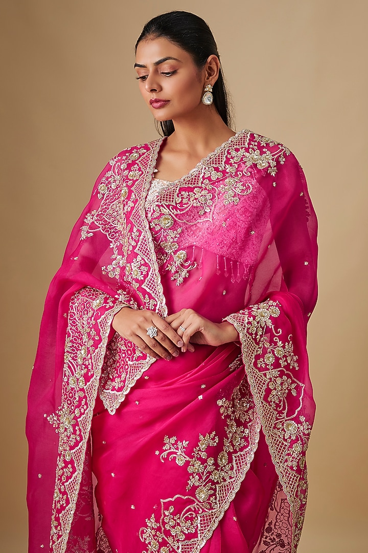 Cherry Red Organza Hand Embroidered Bridal Saree Set by Anushree Reddy at Pernia's Pop Up Shop