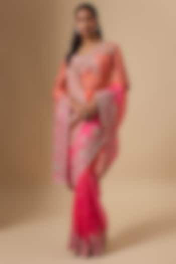 Hot Pink & Pink Ombre Organza Hand Embroidered Bridal Saree Set by Anushree Reddy at Pernia's Pop Up Shop