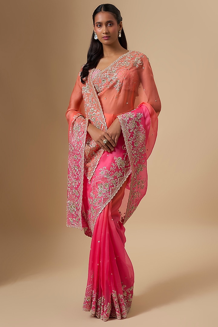Hot Pink & Pink Ombre Organza Hand Embroidered Bridal Saree Set by Anushree Reddy at Pernia's Pop Up Shop