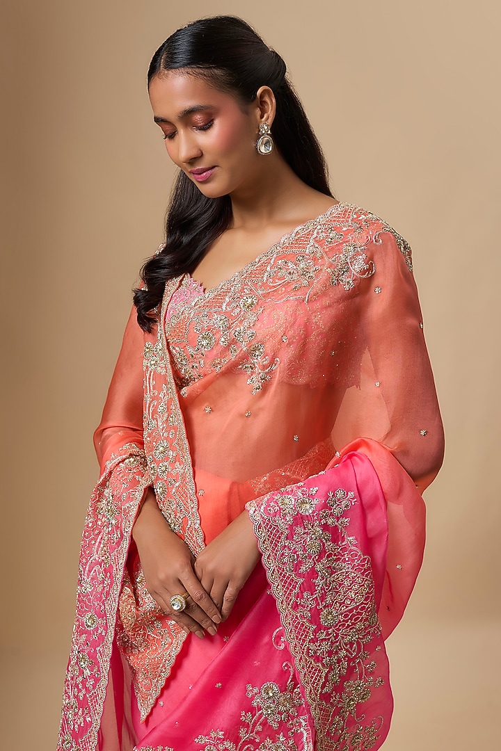 Hot Pink & Pink Ombre Organza Hand Embroidered Bridal Saree Set by Anushree Reddy at Pernia's Pop Up Shop