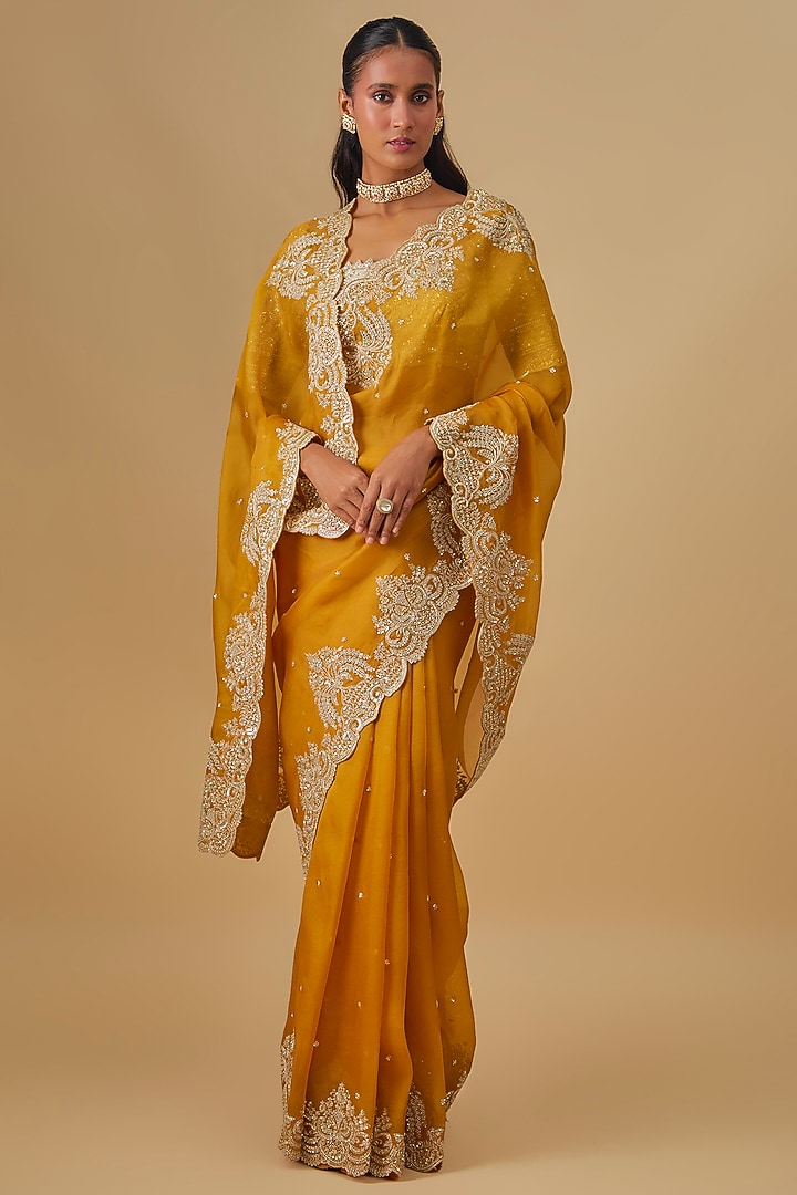 Mustard Yellow Organza Hand Embroidered Bridal Saree Set by Anushree Reddy at Pernia's Pop Up Shop