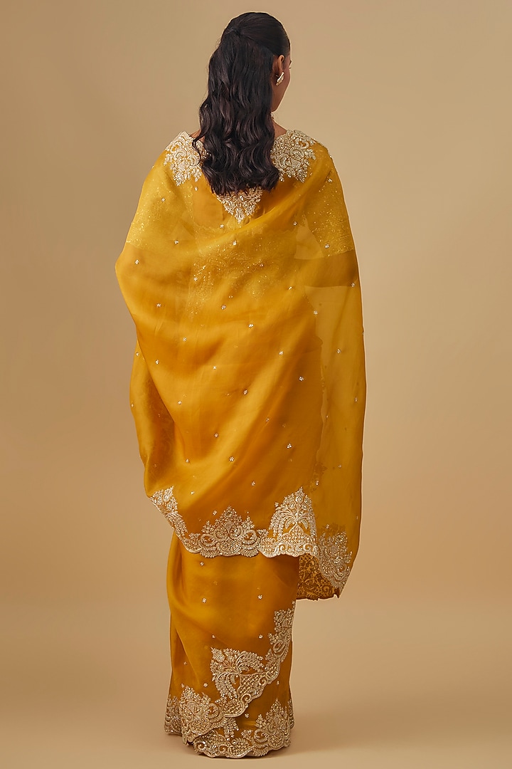 Mustard Yellow Organza Hand Embroidered Bridal Saree Set by Anushree Reddy at Pernia's Pop Up Shop