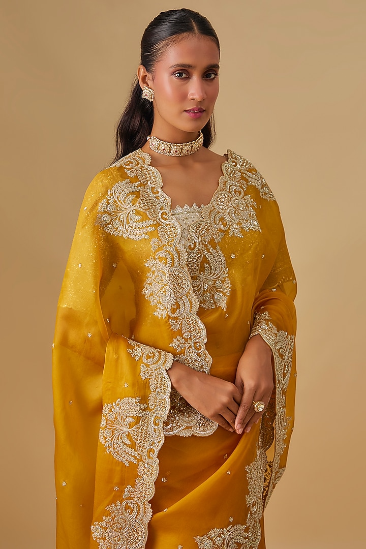 Mustard Yellow Organza Hand Embroidered Bridal Saree Set by Anushree Reddy at Pernia's Pop Up Shop