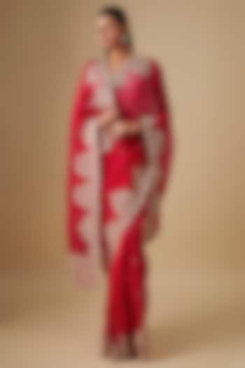 Red Organza Hand Embroidered Bridal Saree Set by Anushree Reddy at Pernia's Pop Up Shop