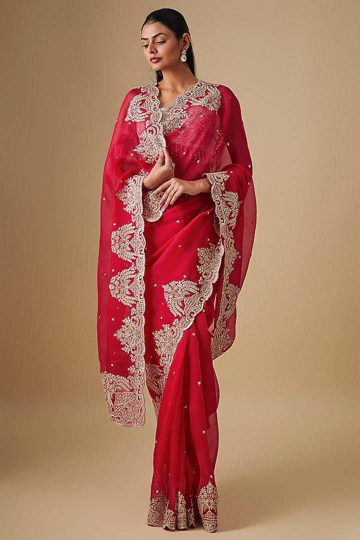 Red Organza Hand Embroidered Bridal Saree Set by Anushree Reddy at Pernia's Pop Up Shop