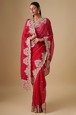Red Organza Hand Embroidered Saree Set by Anushree Reddy