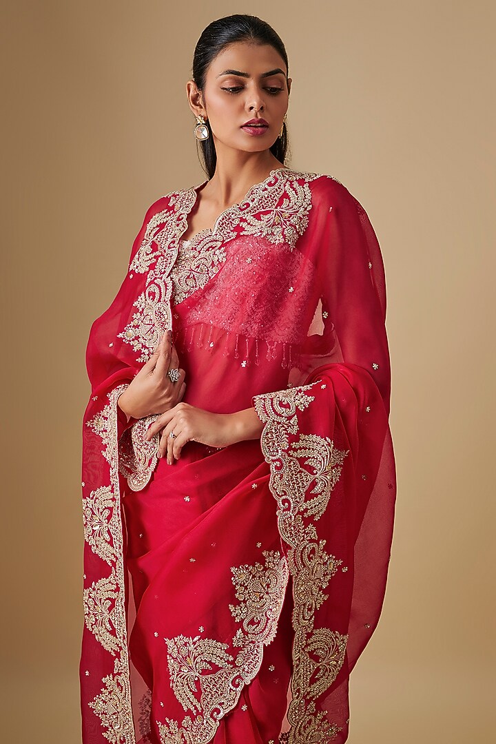Red Organza Hand Embroidered Bridal Saree Set by Anushree Reddy at Pernia's Pop Up Shop