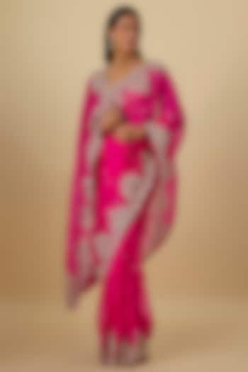 Hot Pink Organza Hand Embroidered Bridal Saree Set by Anushree Reddy at Pernia's Pop Up Shop