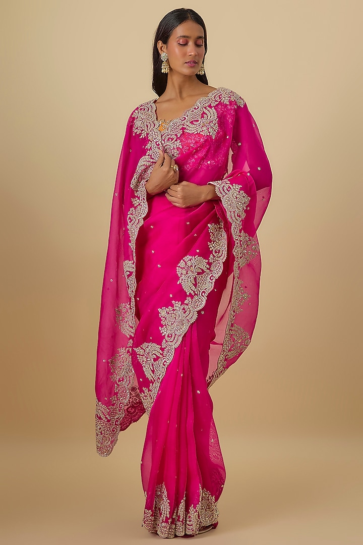 Hot Pink Organza Hand Embroidered Bridal Saree Set by Anushree Reddy at Pernia's Pop Up Shop