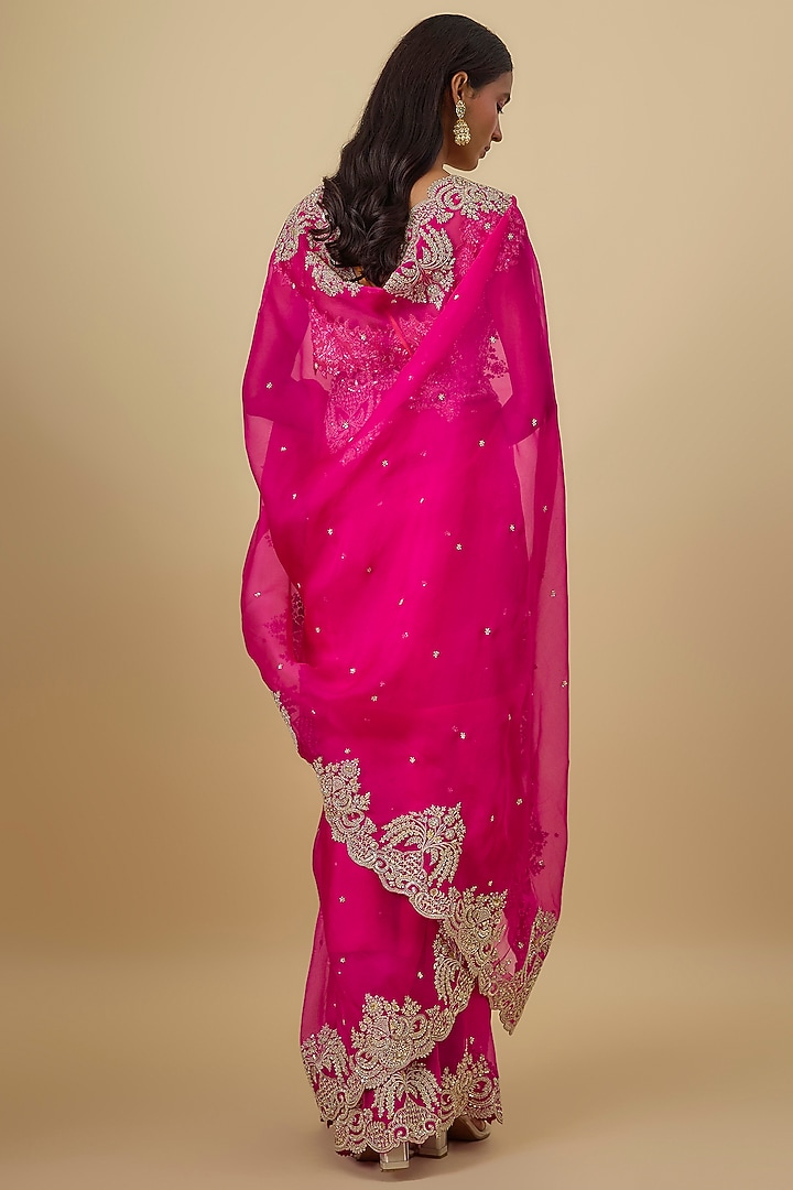 Hot Pink Organza Hand Embroidered Bridal Saree Set by Anushree Reddy at Pernia's Pop Up Shop