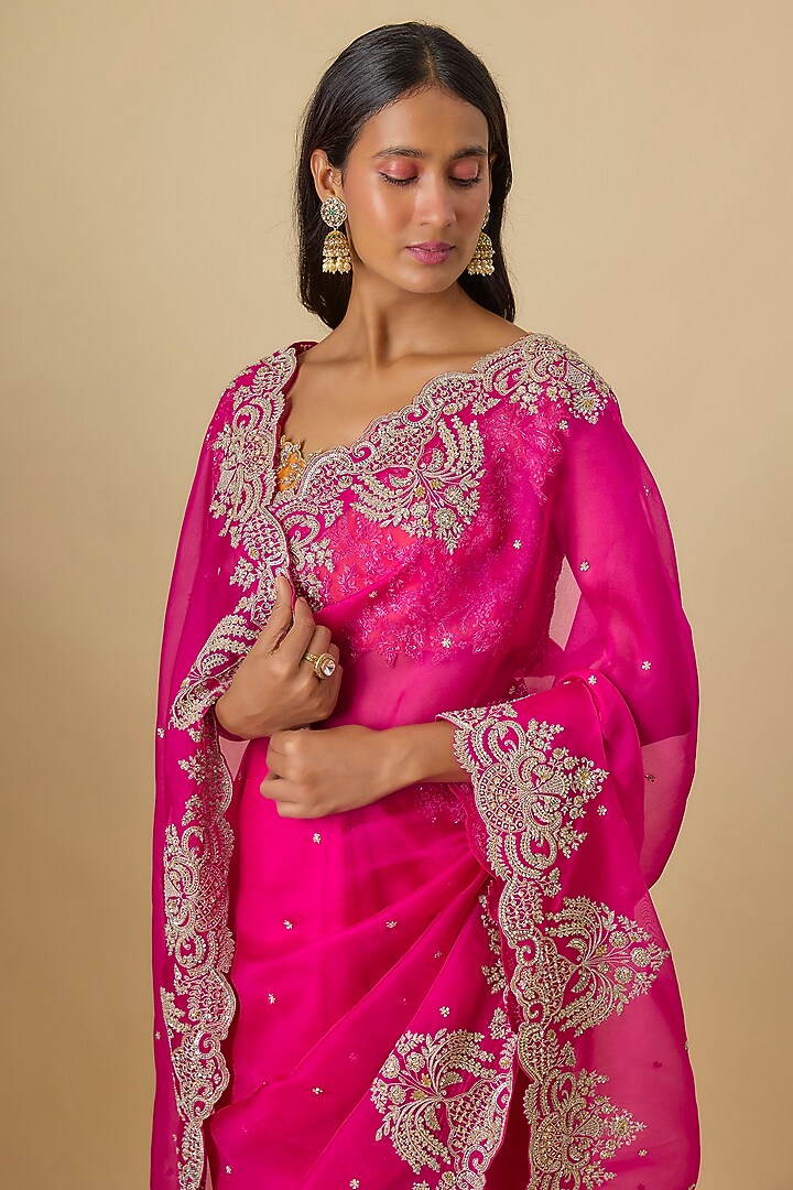 Hot Pink Organza Hand Embroidered Bridal Saree Set by Anushree Reddy at Pernia's Pop Up Shop