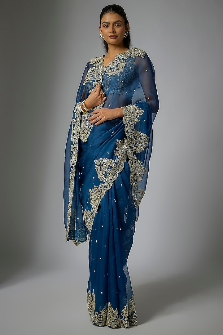 Navy Blue Organza Hand Embroidered Bridal Saree Set by Anushree Reddy at Pernia's Pop Up Shop