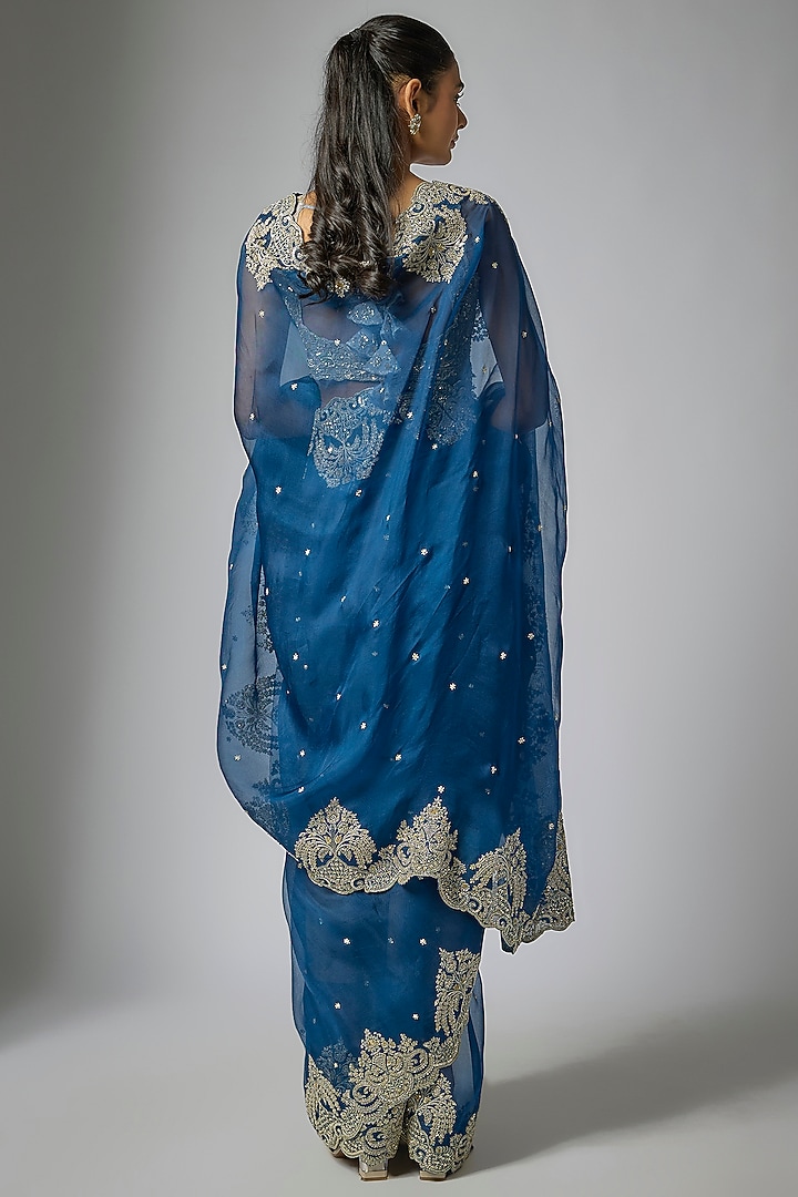 Navy Blue Organza Hand Embroidered Bridal Saree Set by Anushree Reddy at Pernia's Pop Up Shop