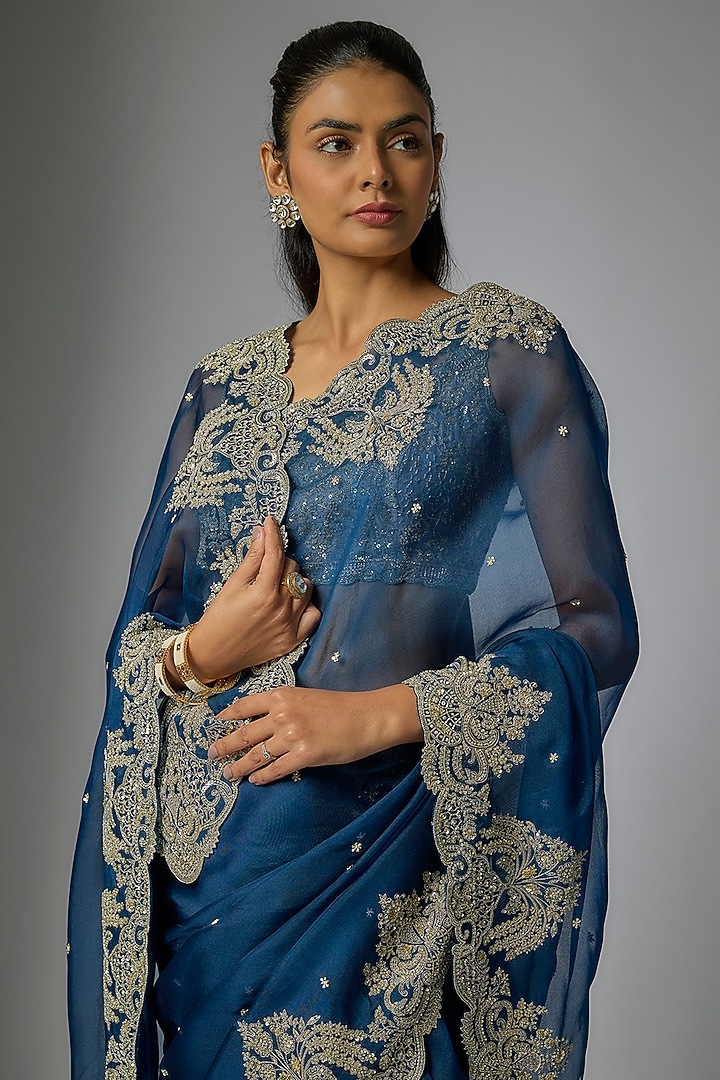 Navy Blue Organza Hand Embroidered Bridal Saree Set by Anushree Reddy at Pernia's Pop Up Shop