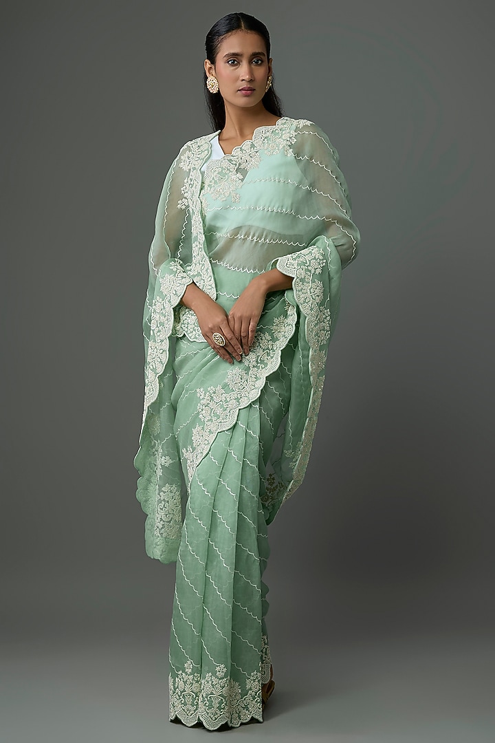Sea Blue Organza Hand Embroidered Bridal Saree Set by Anushree Reddy at Pernia's Pop Up Shop