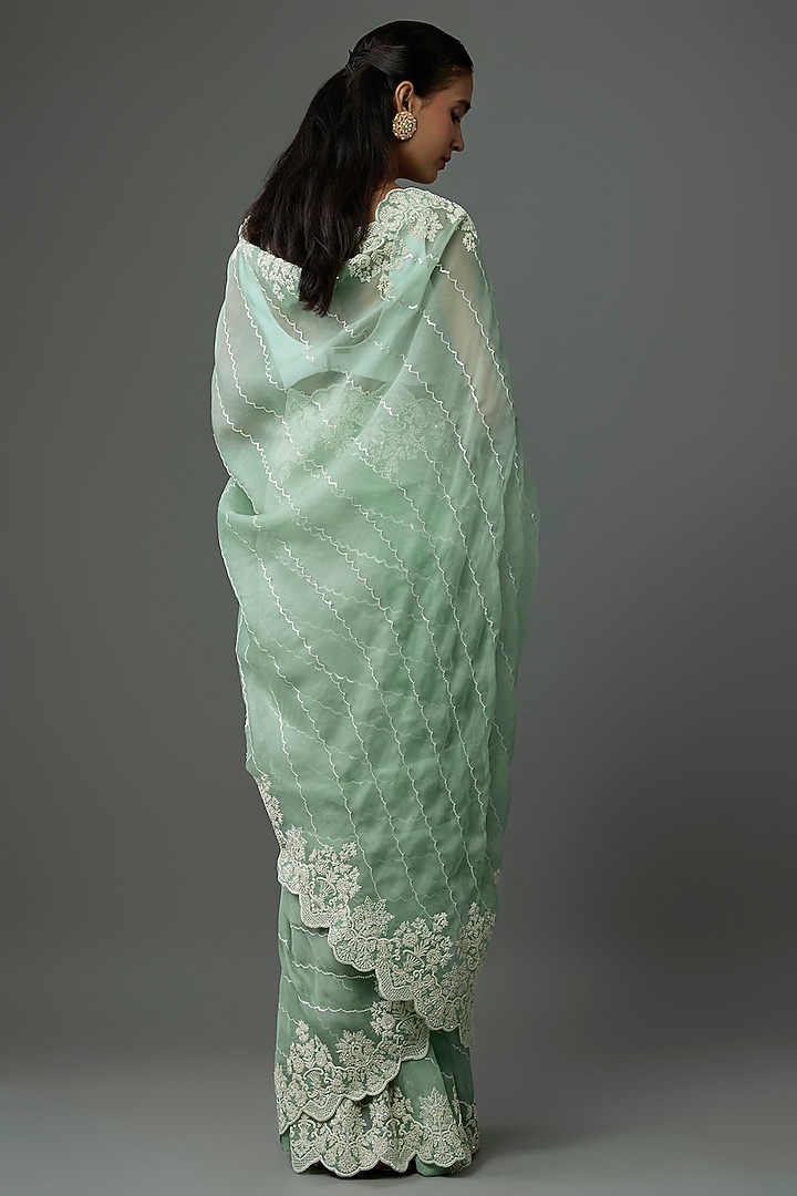 Sea Blue Organza Hand Embroidered Bridal Saree Set by Anushree Reddy at Pernia's Pop Up Shop