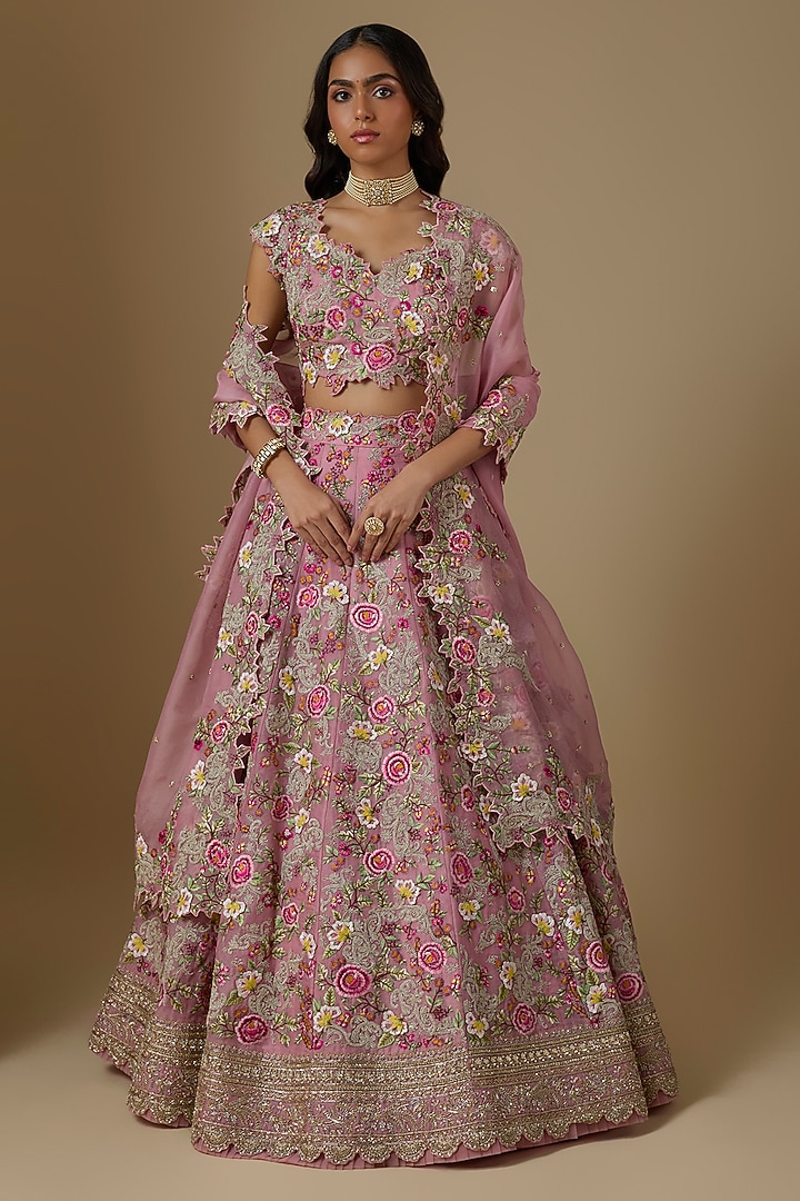 Pink Organza Hand & Machine Embroidered Bridal Bridal Lehenga Set by Anushree Reddy at Pernia's Pop Up Shop