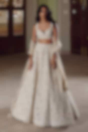 Ivory Organza Tassels Embroidered Bridal Lehenga Set by Anushree Reddy at Pernia's Pop Up Shop