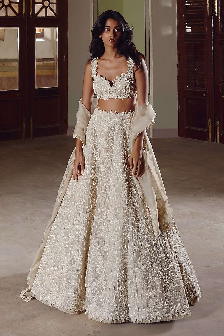 Ivory Organza Tassels Embroidered Bridal Lehenga Set by Anushree Reddy at Pernia's Pop Up Shop