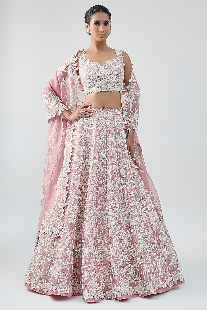 Dusty Pink Organza Hand Embroidered Lehenga Set by Anushree Reddy at Pernia's Pop Up Shop