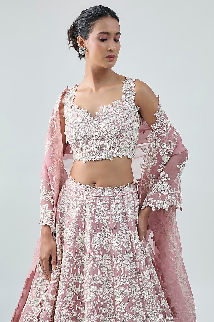 Dusty Pink Organza Hand Embroidered Lehenga Set by Anushree Reddy at Pernia's Pop Up Shop