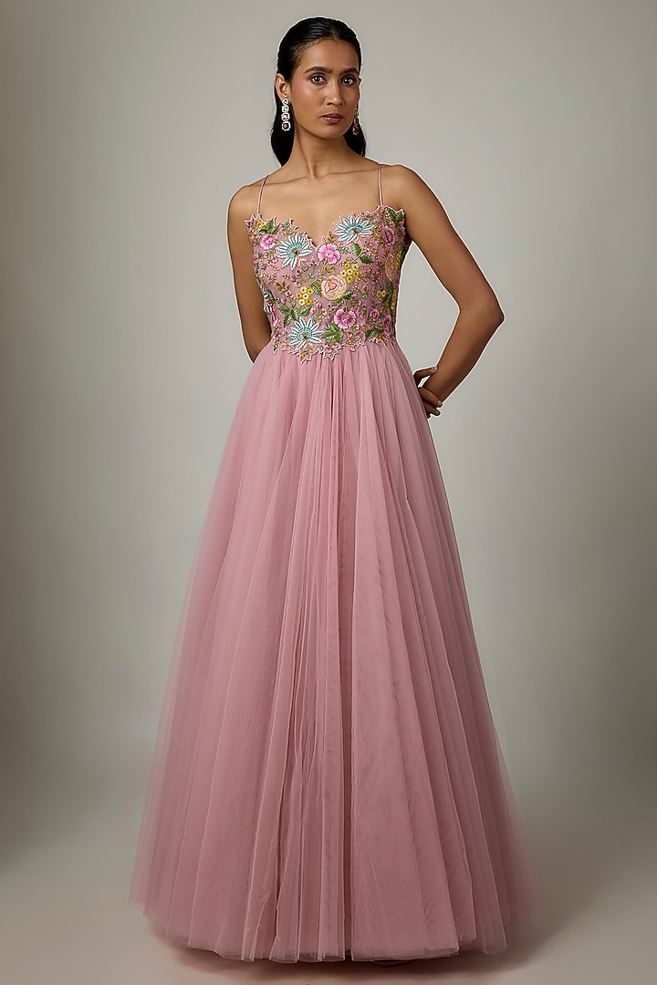 Pink Organza & Net Hand Embroidered Wedding Gown by Anushree Reddy at Pernia's Pop Up Shop