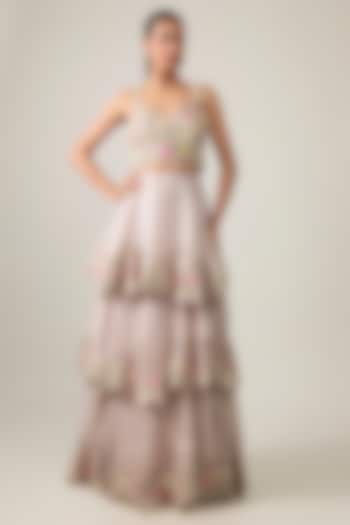 Grey Organza Tiered Embroidered Skirt Set by Anushree Reddy at Pernia's Pop Up Shop