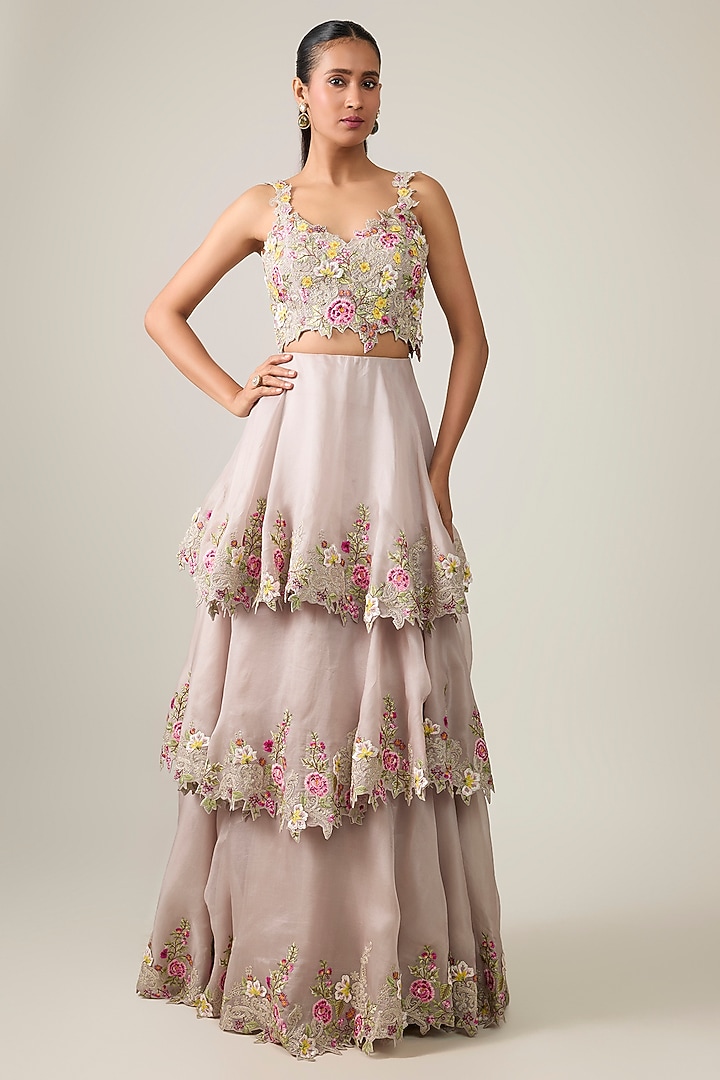 Grey Organza Tiered Embroidered Skirt Set by Anushree Reddy at Pernia's Pop Up Shop
