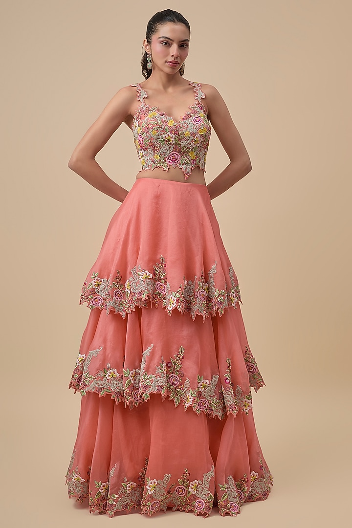 Coral Organza Skirt Set by Anushree Reddy at Pernia's Pop Up Shop