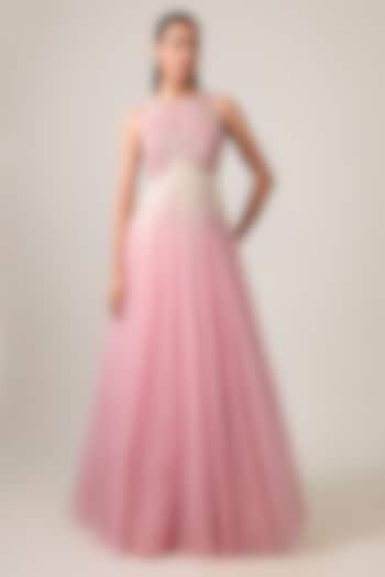 Dusty Pink Organza Tiered Embroidered Skirt Set by Anushree Reddy at Pernia's Pop Up Shop