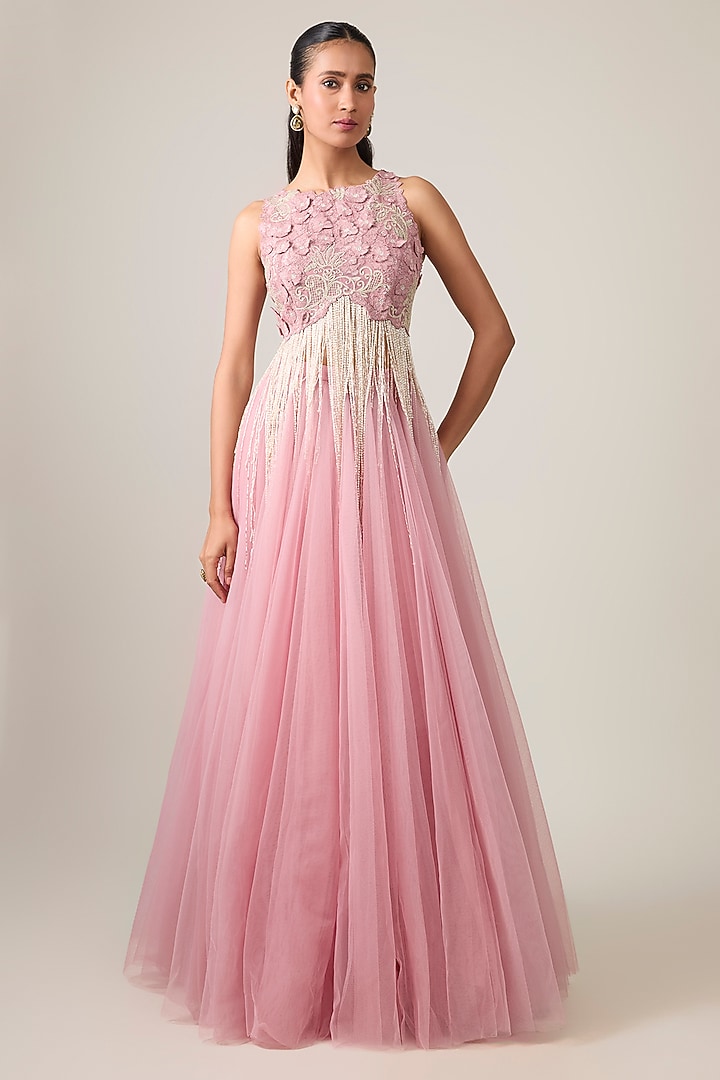 Dusty Pink Organza Tiered Embroidered Skirt Set by Anushree Reddy at Pernia's Pop Up Shop